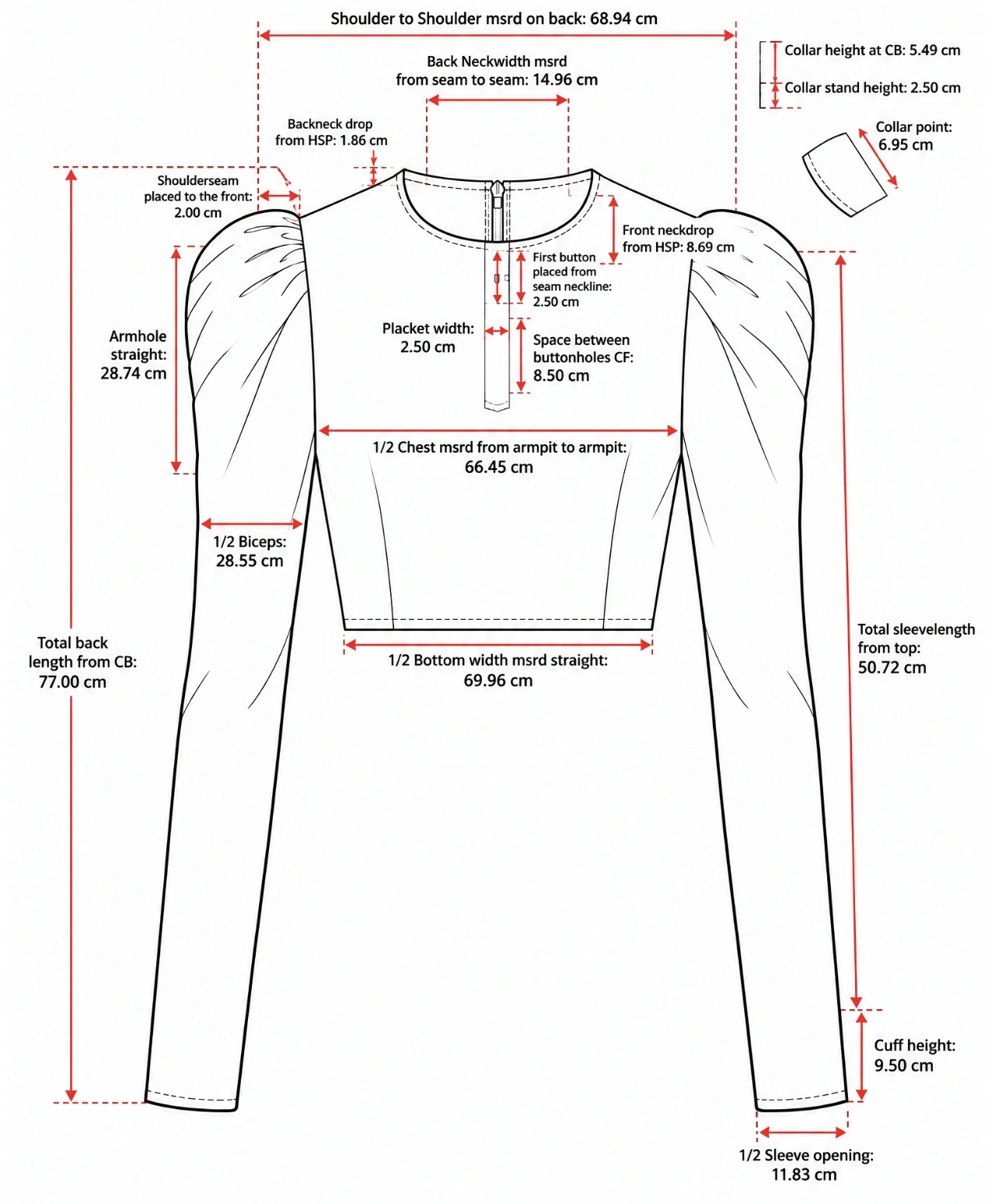 Front technical flat with points of measure