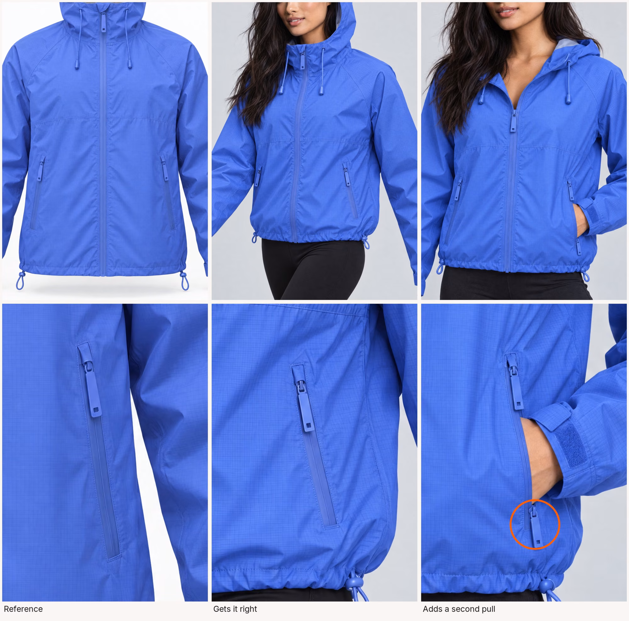 A rain jacket reference next to one render that matches its trims and one that adds a second pocket zipper pull