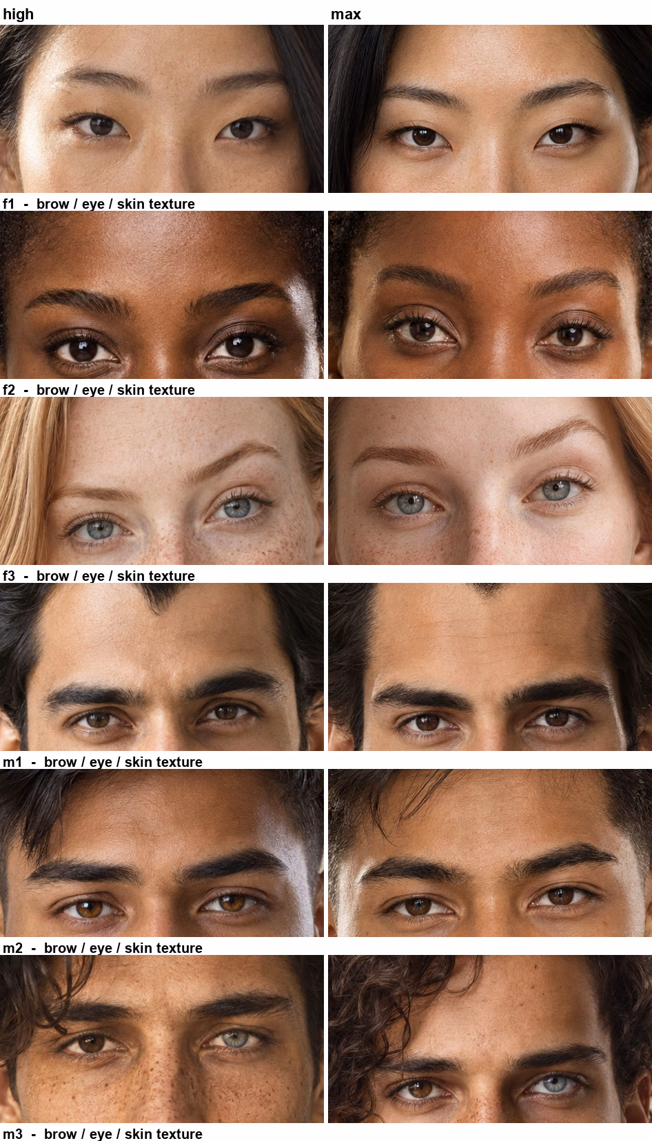 Eye and brow crops of six portraits at High and at Maximum