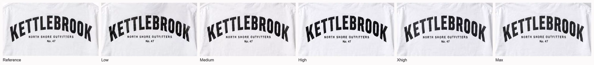 Printed wordmark on a white tee, reference and five quality settings