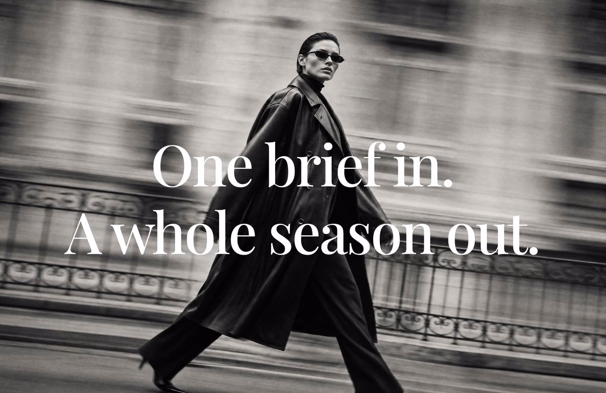 Black and white campaign photo of a model in a leather coat walking down a street, with the text "One brief in. A whole season out."