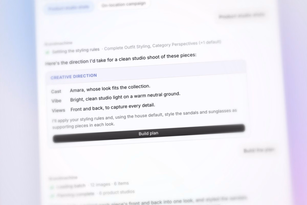 Blurred screenshot of the Brandmachine chat interface showing a creative direction plan with cast, vibe, and views fields, and a "Build plan" button