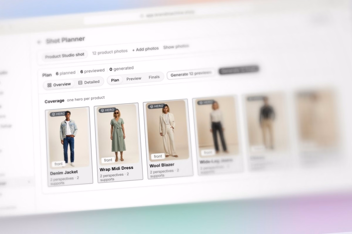Blurred screenshot of the Shot Planner interface showing a shoot plan grid of product photos, including a denim jacket, wrap dress, and wool blazer, with Plan, Preview, and Finals tabs
