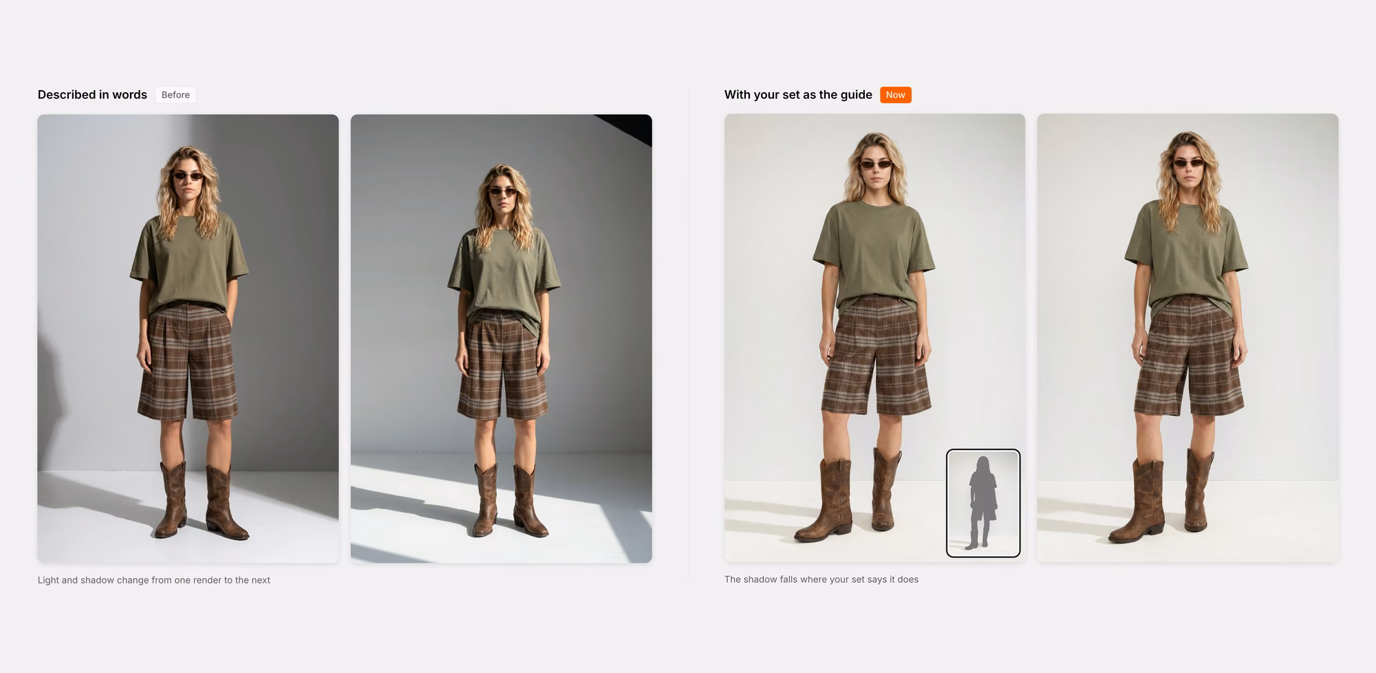 Comparison of four renders of a model in an olive t-shirt, plaid shorts and boots: two "Described in words" renders where light and shadow change from one render to the next, next to two "With your set as the guide" renders where the shadow falls consistently