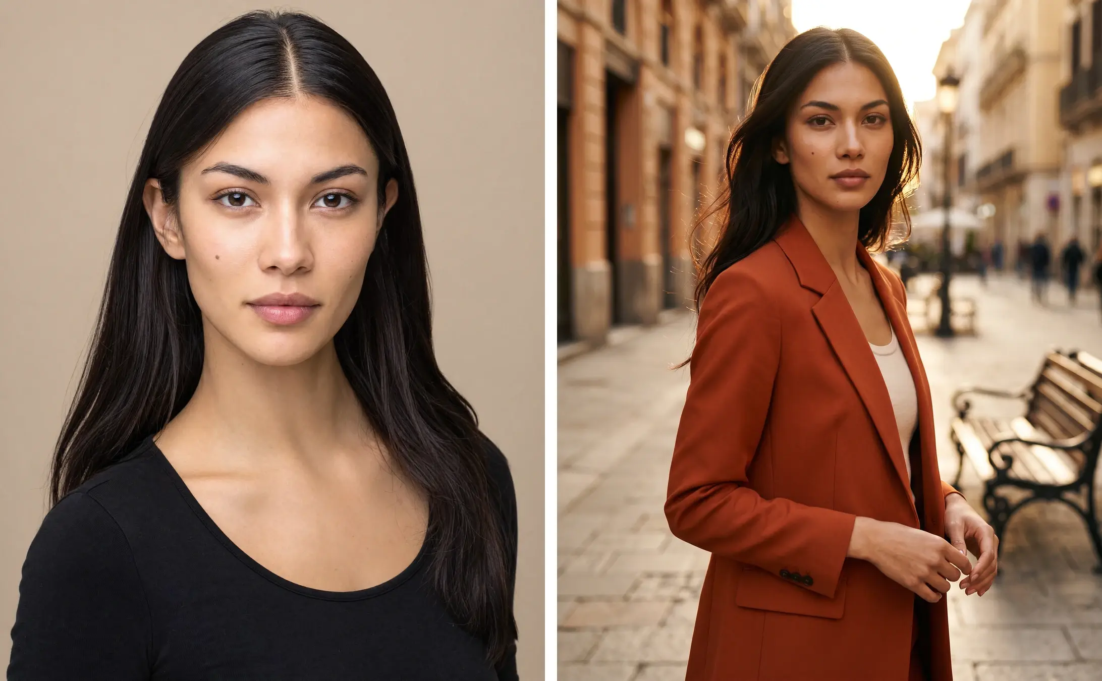 The same AI fashion model in a casting portrait and a campaign image
