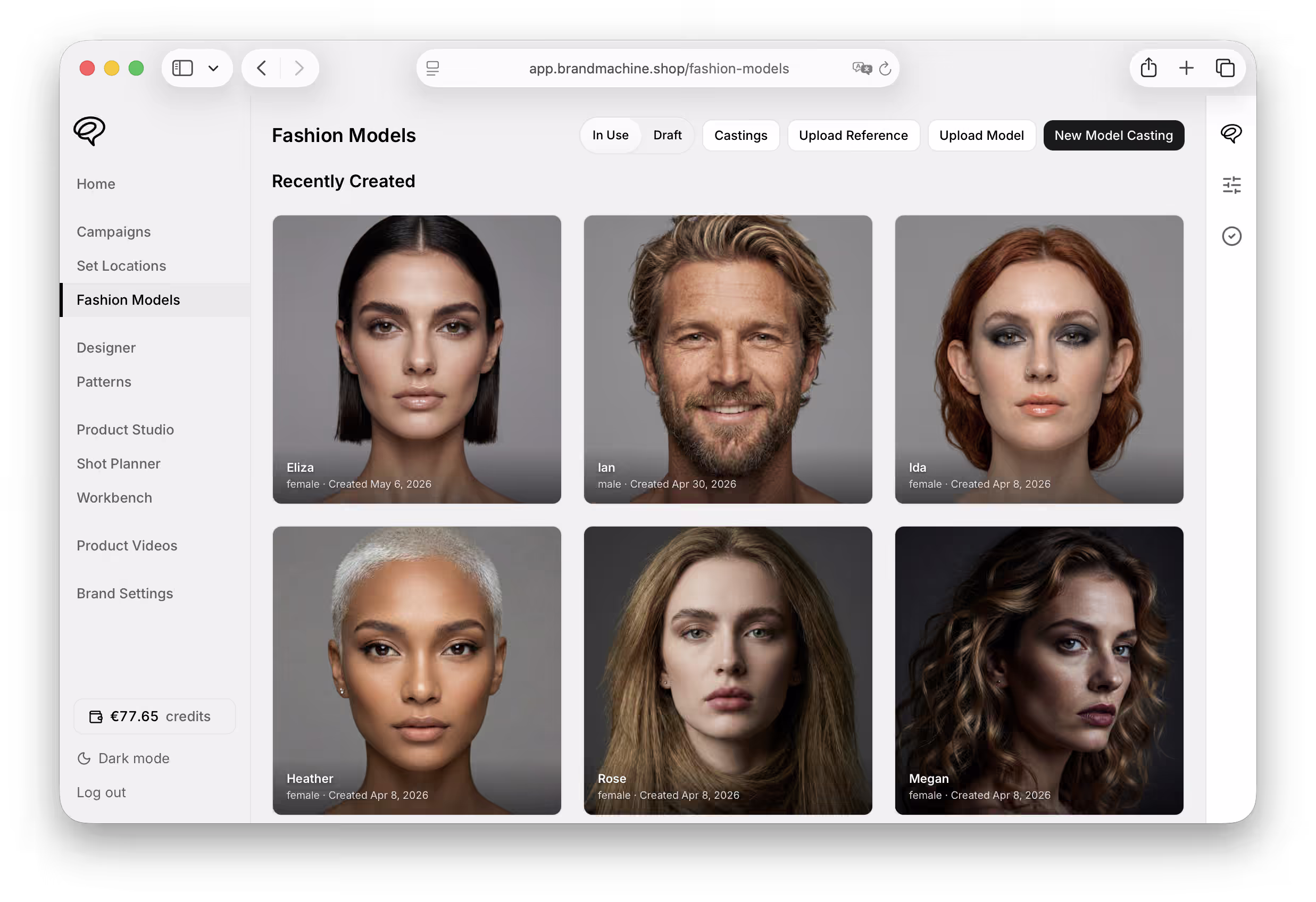Brandmachine app showing the Fashion Models roster