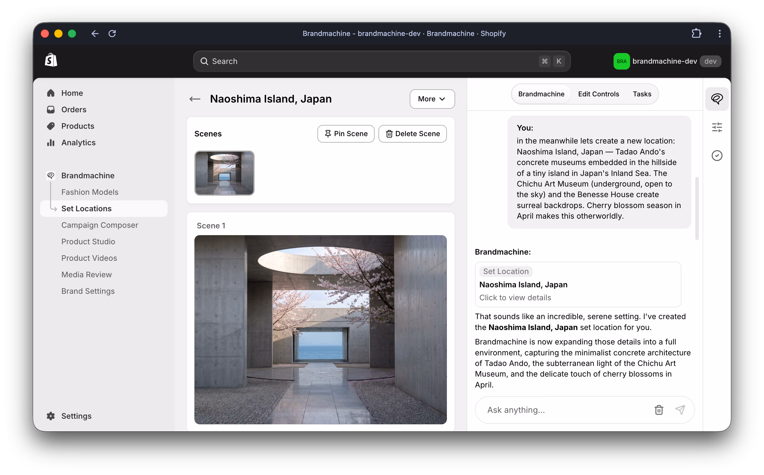 Brandmachine Shopify app showing AI-powered set location creation